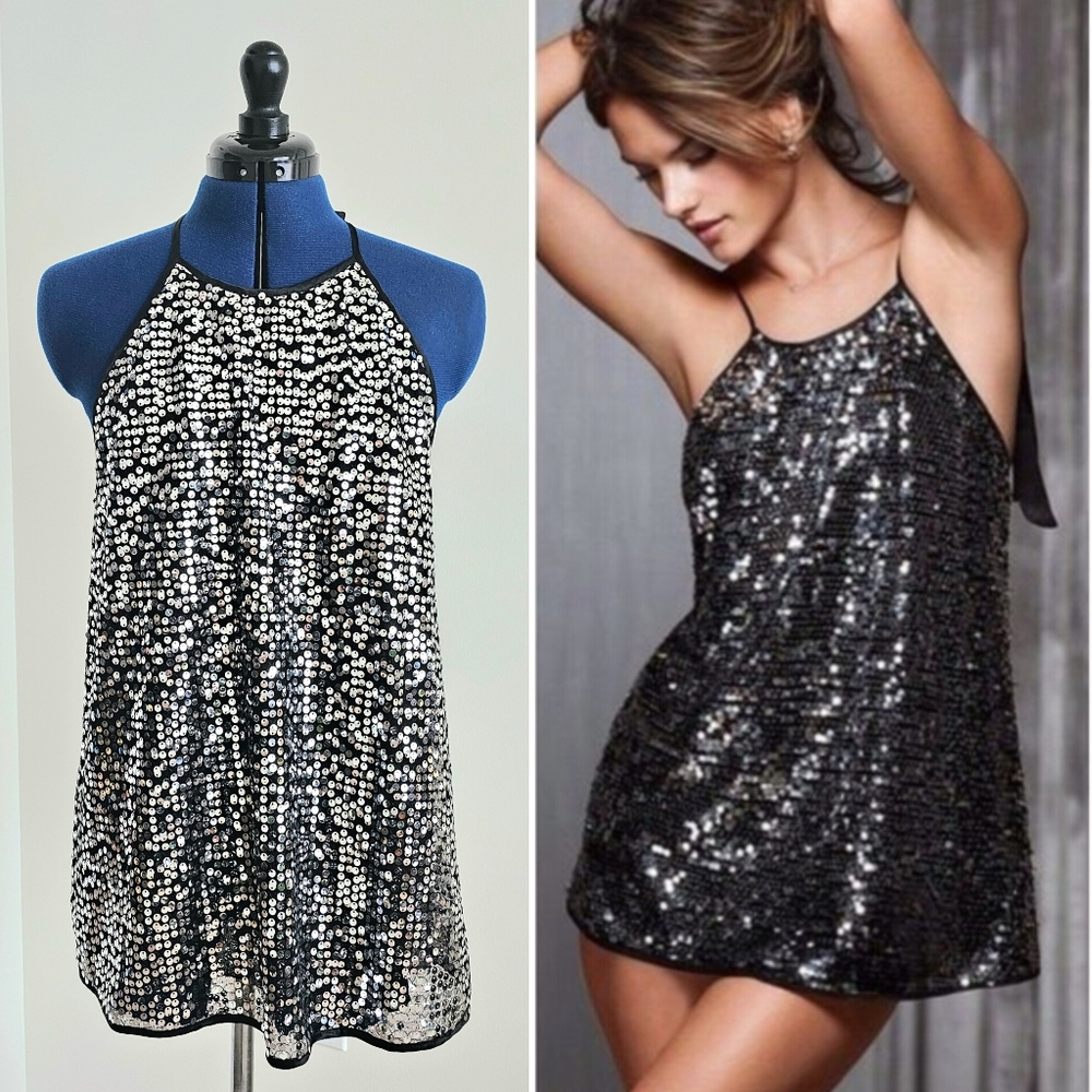 NWT Rare Victoria’s Secret Black Silver Sequin Lingerie Teddy Nightie Chemise S